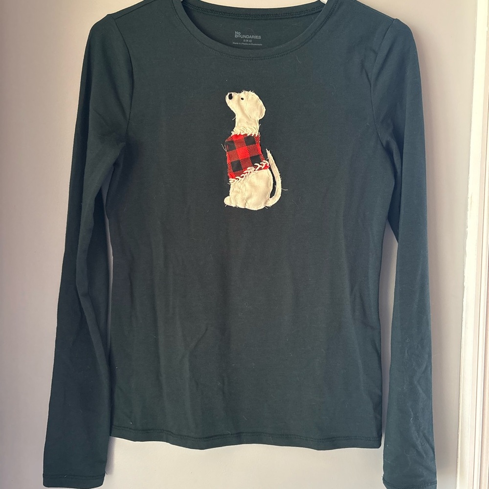 Hand Stitched Christmas Dog Long Sleeve Shirt